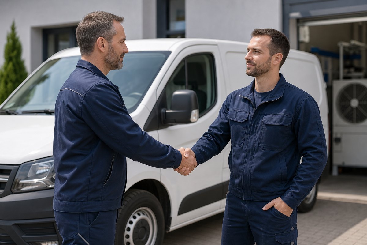 Zwei Fachpartner besiegeln ihre Zusammenarbeit per Handschlag vor einem Servicefahrzeug