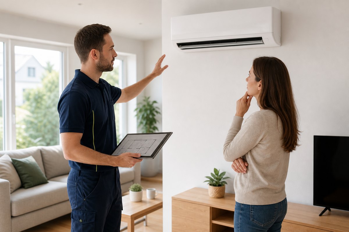 Fachtechniker berät eine Kundin zur Installation einer Klimaanlage im Wohnzimmer