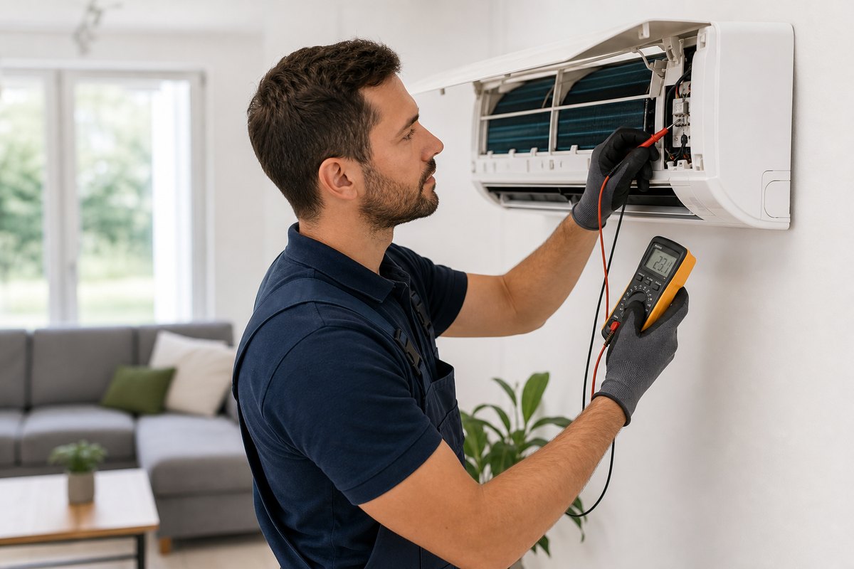 Fachtechniker prüft eine Klimaanlage mit einem Messgerät