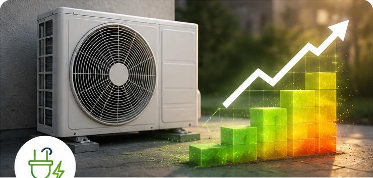 Außengerät und steigender Energieverbrauch als Symbol