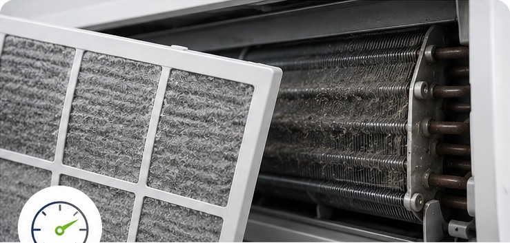 Stark verschmutzter Filter und Wärmetauscher einer Klimaanlage