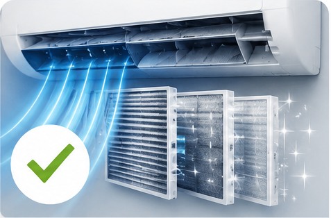 Saubere Filter und freier Luftstrom einer Klimaanlage