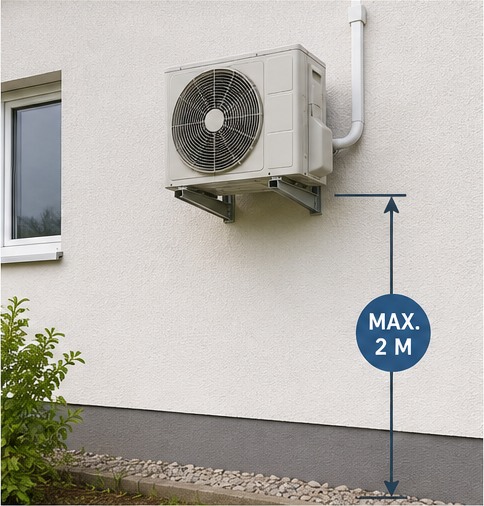 Klimaanlagen-Außengerät an einer Hauswand bis etwa zwei Meter Unterkante